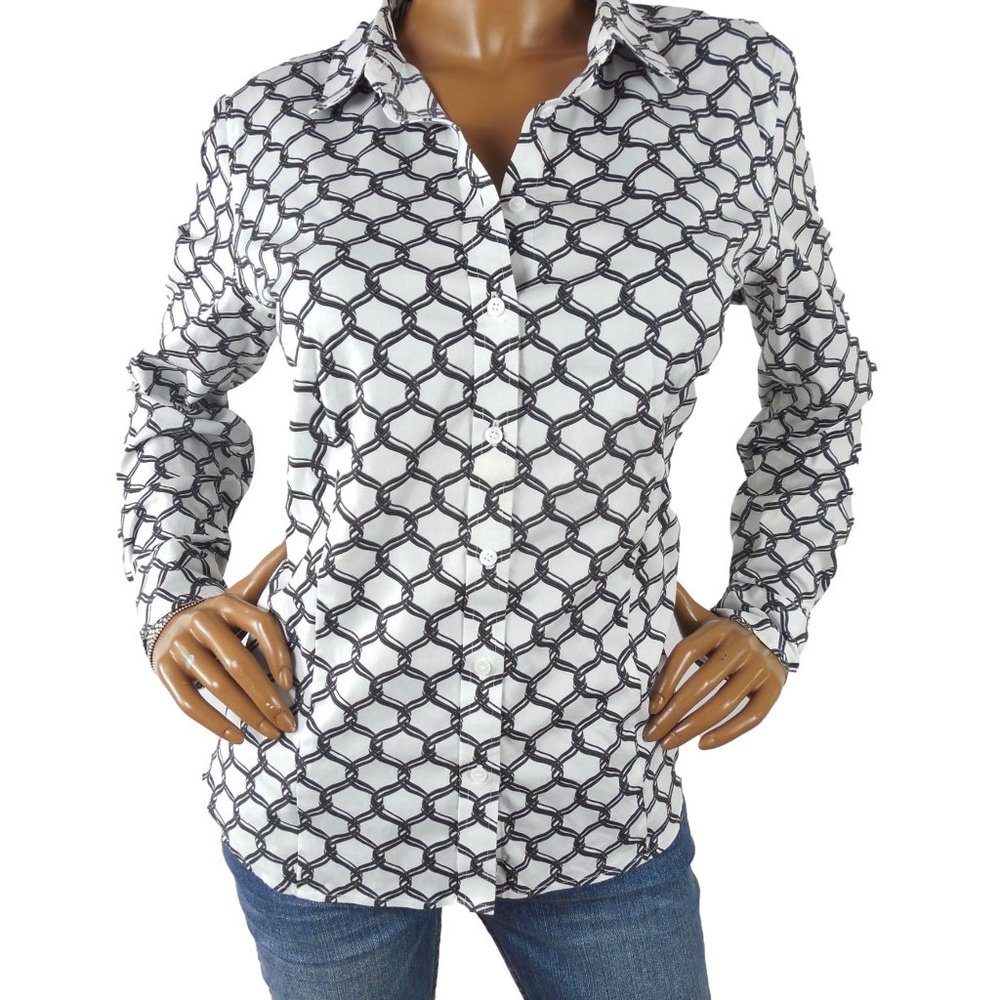 TALBOTS Top M/10 Button Down Blouse Black/White Print Stretch Shirt Casual - Picture 2 of 10
